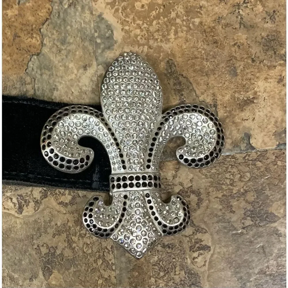SISI AMBER Fleur-de-lis jeweled crystal bling BUCKLE BLACK VELVET BELT